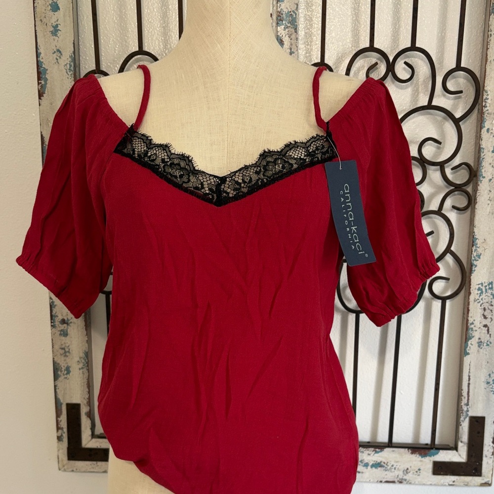 AnnaKaci Women's Burgundy Lace Accent Blouse